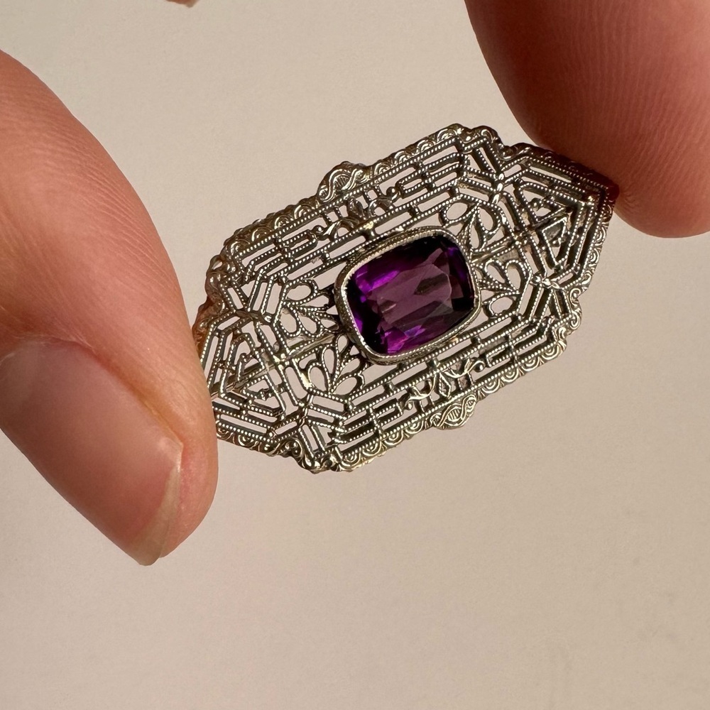 Art Deco 10K White Gold Brooch Filigree‎ Amethyst Pin Ornate Victorian Vintage - Picture 10 of 12
